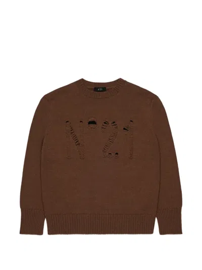 N°21 Kids' Openwork Logo Sweater In Brown