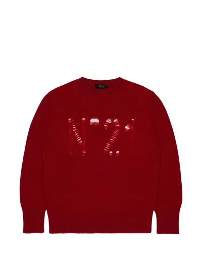 N°21 Kids' Openwork-detail Logo-motif Jumper In Burgundy