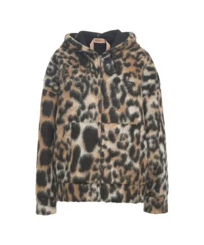 N°21 Oversized Faux Fur Jacket With Animal Print And Drawstring Hood In Brown