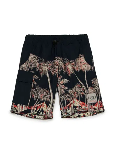 N°21 Kids' Palm Tree-print Cotton Shorts In Black