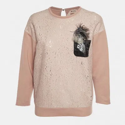 N°21 Nº21 Pink Feather Embellished Jersey And Lace Sweatshirt