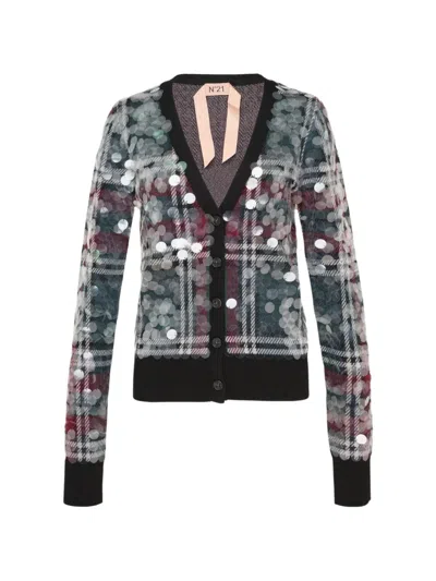 N°21 Plaid Sequin-embellished Wool Cardigan In Multi