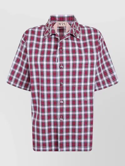 N°21 Plaid Shirt Short Sleeves Embellished Collar In Burgundy