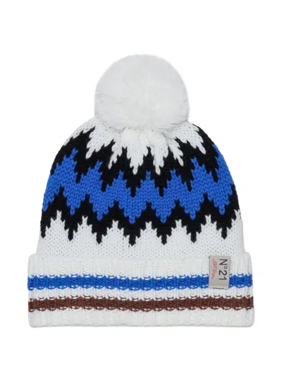 N°21 Kids' Pom-pom Intarsia-knit Beanie Hat In Gray