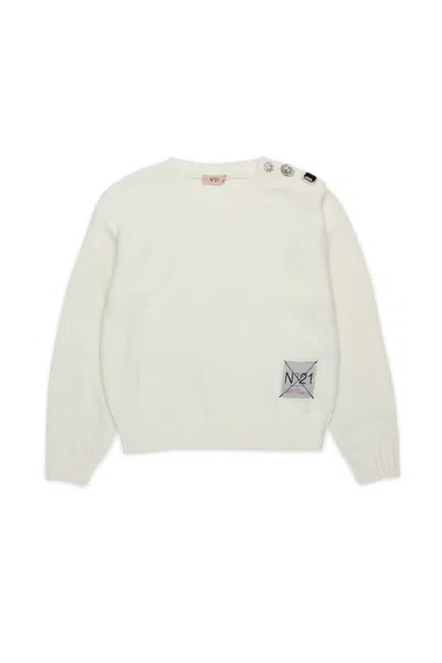 N°21 Kids' Wool Blend Pullover With Jewel Buttons In White