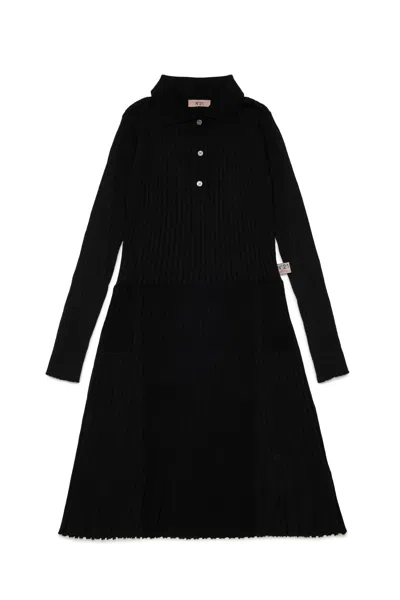 N°21 Kids' Ribbed-knit Polo-collar Dress In Black