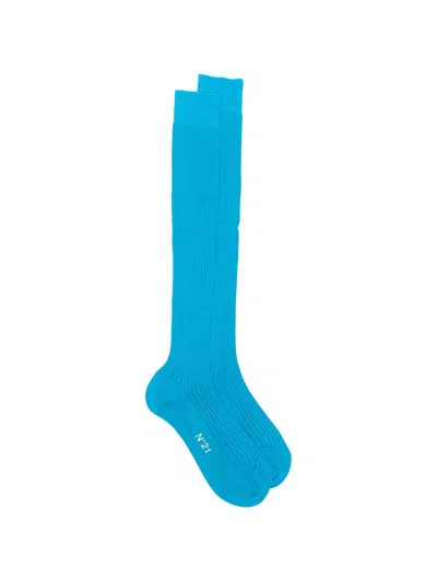 N°21 Ribbed-knit Logo-print Socks In Blue