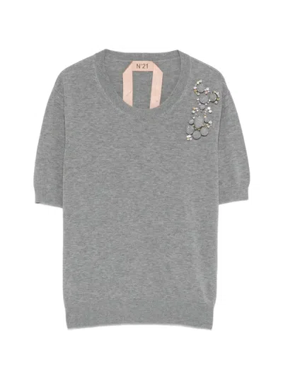 N°21 Round-neck Embellished Knitted Top In Gray
