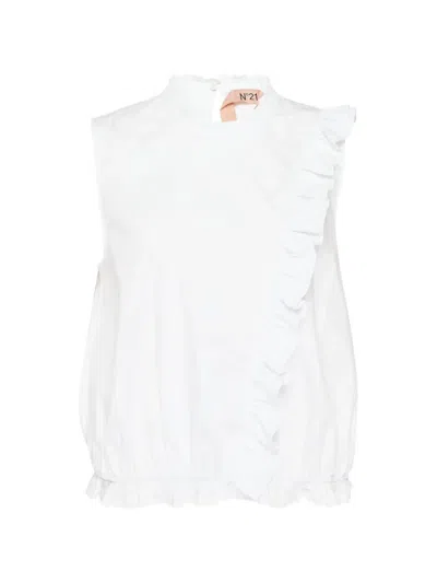 N°21 Ruffle-trimmed Sleeveless Blouse In White