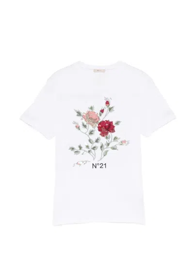 N°21 Kids' Sequin-embellished Floral T-shirt In White