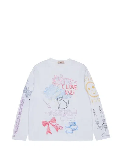 N°21 Kids' 스케치 프린트 긴소매 티셔츠 In White