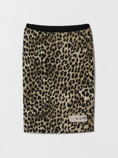 N°21 Kids' Animal-print Logo Midi Skirt In Brown