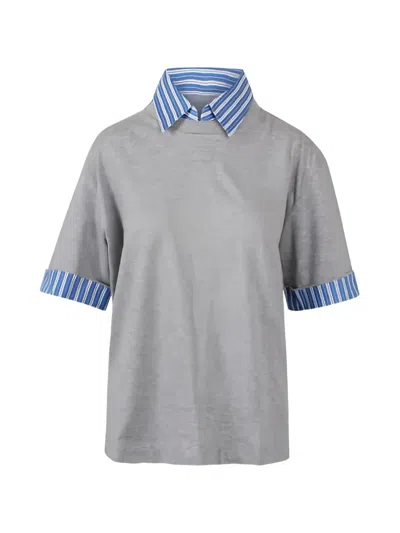 N°21 Striped-collar T-shirt In Gray