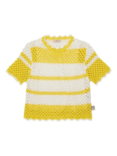 N°21 Kids' Striped Scalloped T-shirt In Yellow
