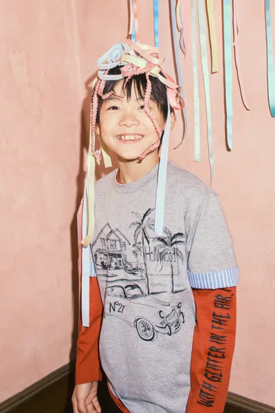 N°21 Kids' T-shirt With Print And Striped Sleeves In Grey