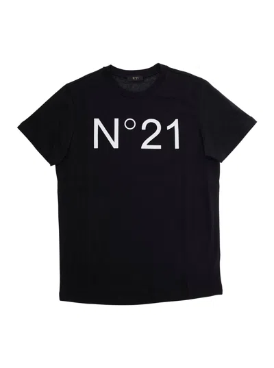N°21 BLACK CREWNECK T-SHIRT WITH MAXI LOGO PRINT ON THE FRONT IN COTTON GIRL