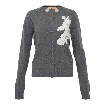 N°21 Wool Cardigan With Flower Lace In Gray