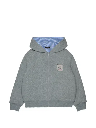 N°21 Kids' 로고 패치 후드 집업 In Green