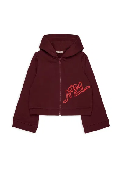 N°21 Kids' Zip Logo-embroidered Cropped Hoodie In Brown