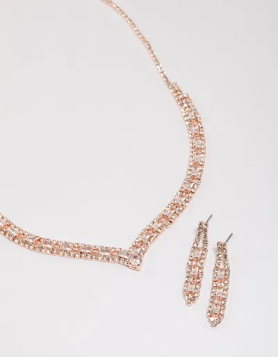 N76b Rose Gold Rectangle Graduating Pendant Necklace & Earrings Set In Multi
