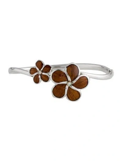 Pre-owned Na Hoku Wood, Resin & Diamond Plumeria Station Bangle Bracelet, 7.25" In Multi