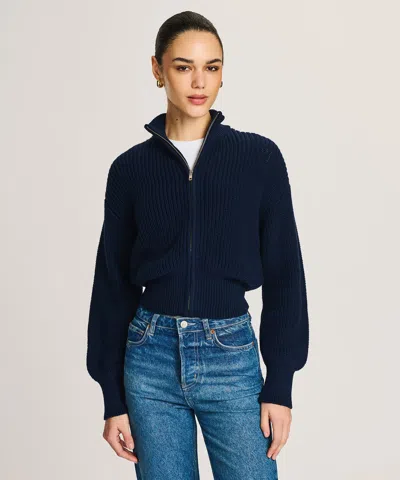 Naadam Cotton Fisherman Cinched Waist Zip Up Sweater In Blue
