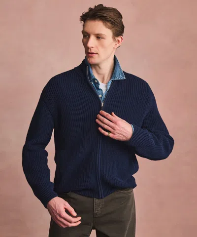 Naadam Cotton Fisherman Full Zip Sweater In Blue