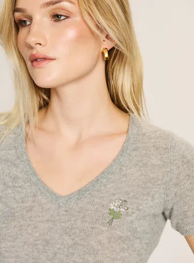 Naadam Flowers Lightweight Cashmere Short Sleeve V-neck Sweater In Gray