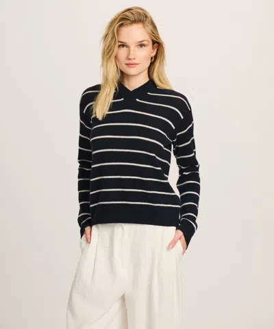 Naadam Lightweight Cashmere Striped High V-neck Sweater In Blue
