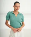 Naadam Novelty Cashmere Crochet Short Sleeve Polo In Green