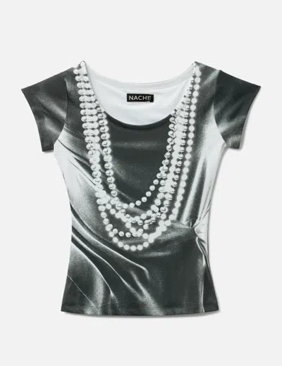 Nache Pearl Necklace Printed T-shirt In Black