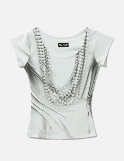 Nache Pearl Necklace Printed T-shirt In Gray
