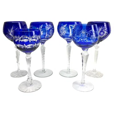 Pre-owned Nachtmann Crystal Mix Set Of 6 Cobalt Stem Glasses With Overlay Cut To Clear In Blue