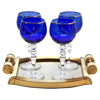 Pre-owned Nachtmann Crystal Set Of 4 Stem Glasses Cobalt Overlay Cut To Clear With Tray In Blue