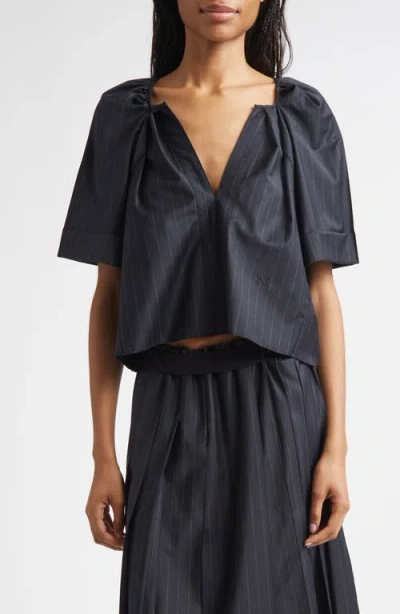 Nackiyé Nackiyè Grand Bazaar Pinstripe Crop Stretch Wool Blend Top In Blue