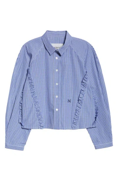 Nackiyé Nackiyè Ruffle Cotton Button-up Shirt In Sweet Blue