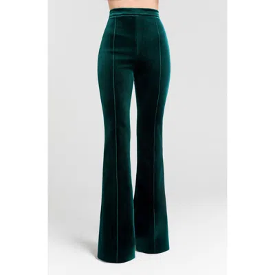 Nadine Merabi Beatrice Pintucked High Waist Flared Velvet Trousers In Green