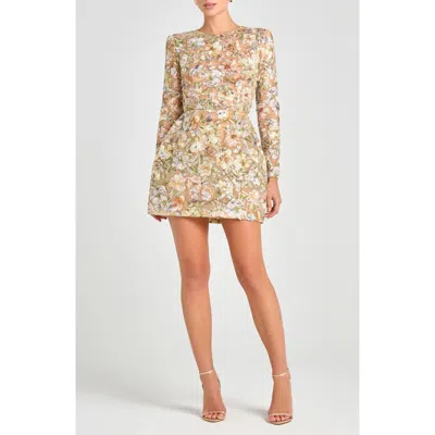 Nadine Merabi Bethany Beaded Floral Embroidery Long Sleeve Cocktail Minidress In Neutral