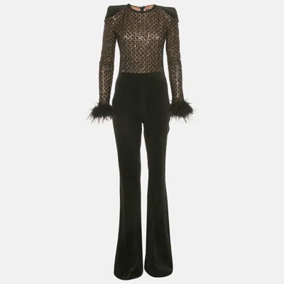 Pre-owned Nadine Merabi Black Patterned Sequin Knit And Velvet Feather Detail Jumpsuit M
