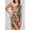 Nadine Merabi Celina Sequin One-shoulder Long Sleeve Cocktail Minidress In Gold