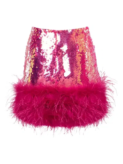 Pre-owned Nadine Merabi Feather-trim Sequinned Skirt In Pink