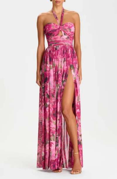 Nadine Merabi Floral Print Ruched Halter Gown In Pink