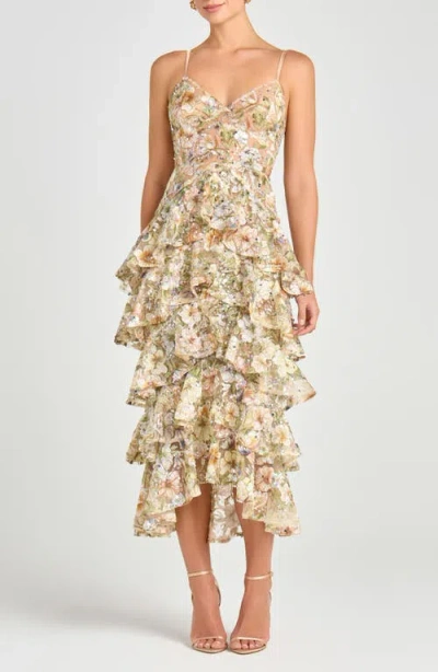 Nadine Merabi Florence Beaded Floral Tiered Cocktail Midi Dress In Green