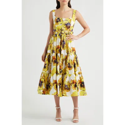 Nadine Merabi Helena Floral Cotton Cocktail Midi Dress In Yellow