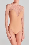 Nadine Merabi Hettie Faux Pearl Illusion Neck Bodysuit In White