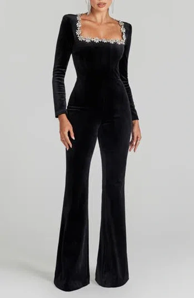 Nadine Merabi Kimberly Rhinestone Trim Velvet Jumpsuit In Black