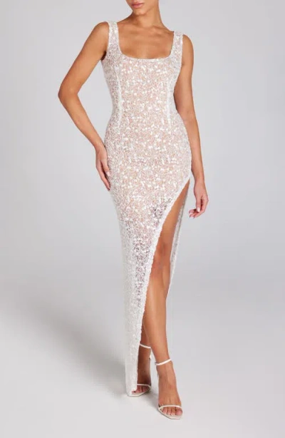 Nadine Merabi Louisa Sequin Lace Gown In White