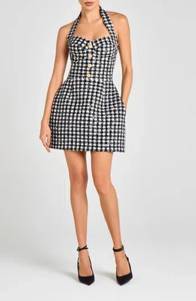 Nadine Merabi Metallic Tweed Halter Neck Cocktail Minidress In Black / White