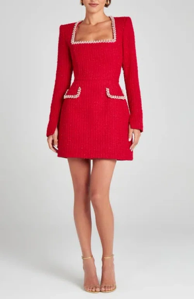 Nadine Merabi Natalie Bead Detail Long Sleeve Tweed Cocktail Minidress In Red