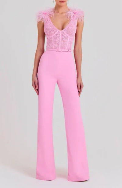 Nadine Merabi Ostrich Feather Lace Bodice Belted Jumpsuit In Light/pastel Pink